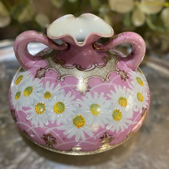 Antique Japan Nippon Vase Daisies Hand Painted Moriage Beaded Pink Handled Squat - Picture 3 of 10